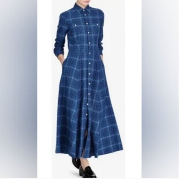 Polo Ralph Laurent Blue Plaid Maxi Shirt Dress size XL - Picture 8 of 8